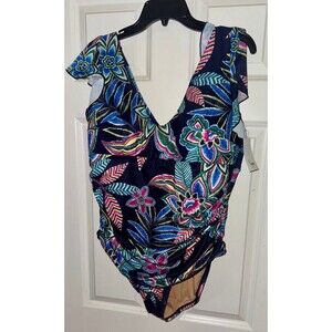 Lane Bryant No-Wire Ruffle-Front One-Piece Floral print Sz 16 msrp $100